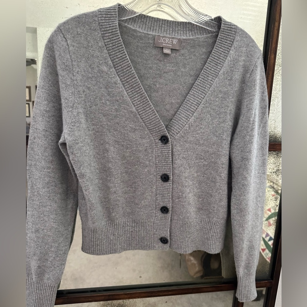 J. Crew Women's Heather Gray V-neck cropped cashmere Cardigan Sweater